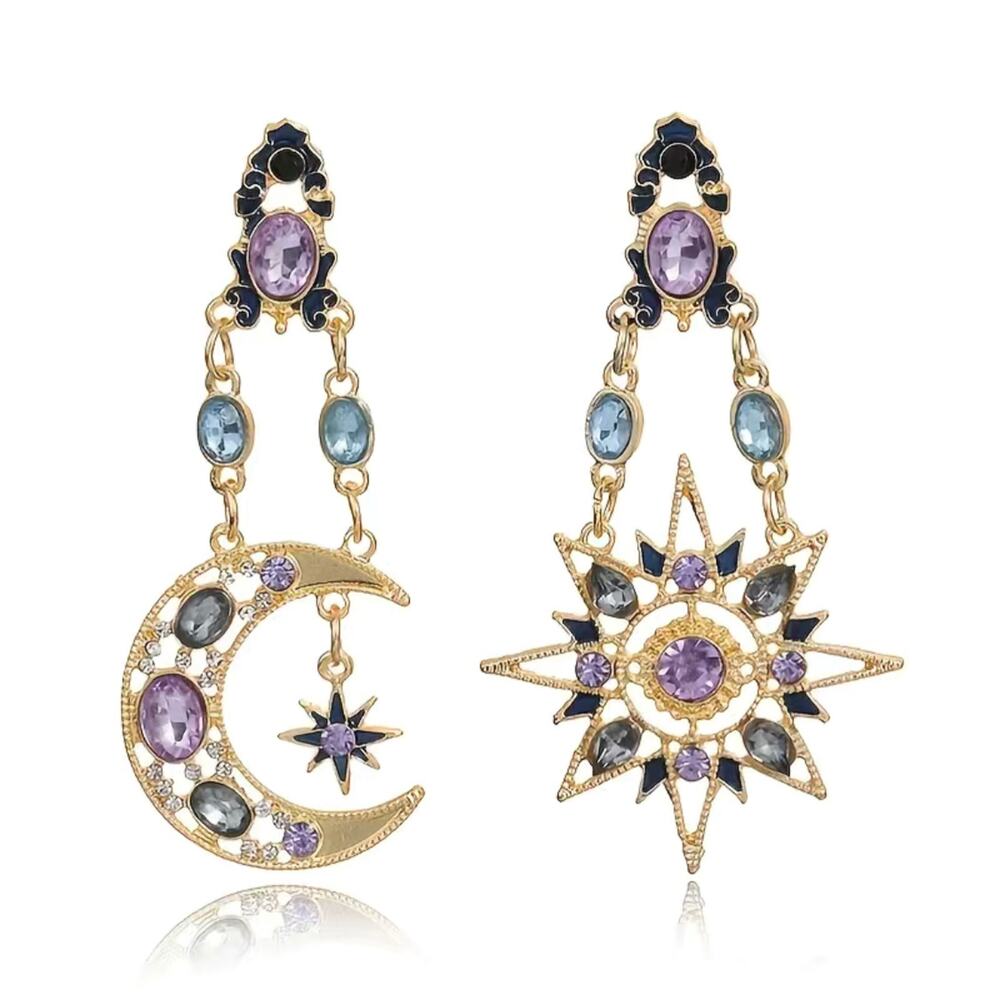 CELESTIAL STAR AND MOON MISMATCH EARRINGS BLUE Rhinestones NWT Zodiac Mystical